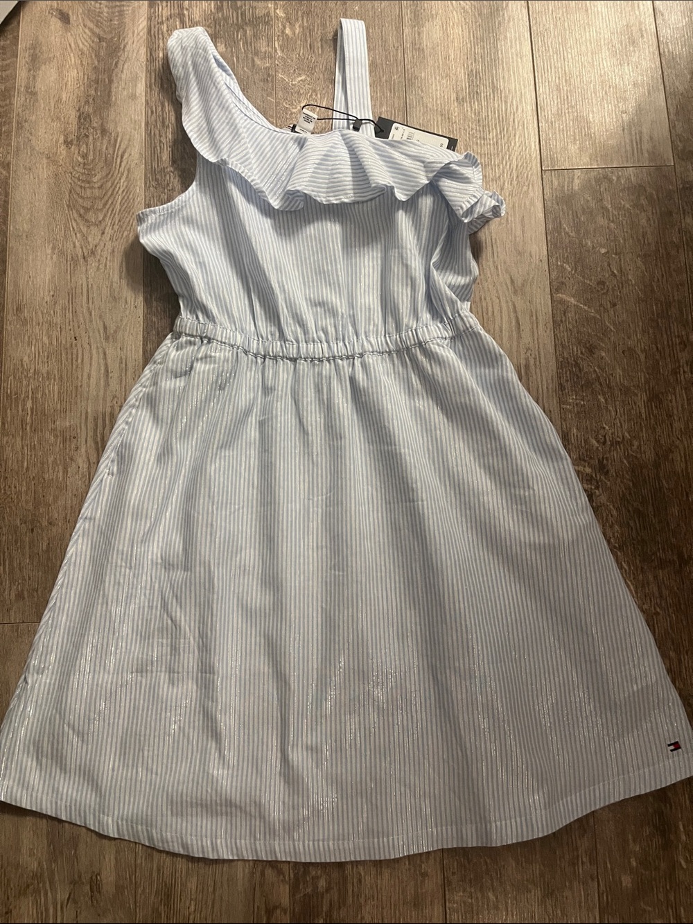 Tommy Hilfiger Light Blue and White Striped One-Shoulder  NWT